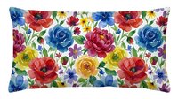 Vibrant floral pattern featuring red, blue, yellow and pink roses with green foliage on white background, seamless design for home decor and textile applications.