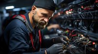 Caucasian male auto mechanic with beard wearing cap and gloves performs detailed electrical diagnostics on vehicle wiring system in professional repair garage workshop.