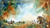 Watercolor countryside landscape with horse, rider on rural farm, ornate decorative border frame, pastoral scenery for wall art, book illustration, greeting cards.