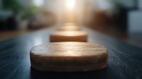 Chocolate macarons lined up on dark wooden surface with soft focus and warm backlighting create atmospheric mood for food photography and packaging design.