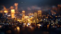Glowing cityscape silhouette with golden lights and bokeh effect creates magical urban nighttime atmosphere, modern metropolis skyline with illuminated skyscrapers.
