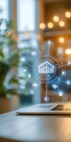 Smart home technology concept with digital house icon and connected devices floating above laptop in cozy interior with warm bokeh lights.