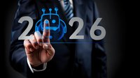 Businessman touching glowing blue robot icon between 2026 numbers, representing artificial intelligence and future business technology advancement.