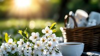 Fresh spring morning with blooming cherry blossoms, white cup of hot beverage and wicker basket against sunlit garden background with bokeh effect.