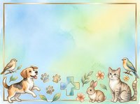 Cute dog, cat, rabbit, and birds with paw prints and flowers on watercolor background. Isolated design element for pet-related projects, greeting cards, and children's illustrations.