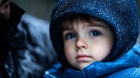 Young child wearing blue winter hat and jacket gazes upward with bright blue eyes while snowflakes fall, creating magical seasonal atmosphere in evening light.