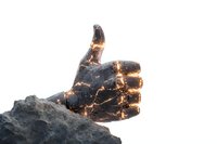 Glowing thumbs up hand gesture emerging from dark stone with golden light cracks, symbolizing success and breakthrough on white background.
