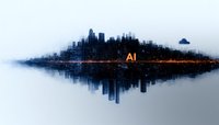 Futuristic cityscape with AI text glowing in orange against dark skyscrapers, mirrored reflection creates symmetrical urban horizon. For technology concepts.
