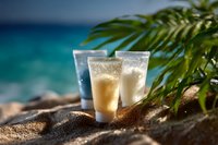 Refreshing cold drinks in plastic cups on sandy beach with tropical palm leaves and turquoise ocean background, summer vacation concept.
