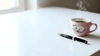 Steaming coffee cup and fountain pen on clean white desk surface creating minimalist workspace atmosphere for productivity and writing tasks.