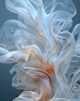 Ethereal flowing abstract forms in light blue and peach tones create dynamic movement against dark background, featuring translucent waves and graceful curves.