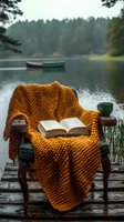 Cozy reading nook by misty lake with vintage armchair, mustard knit blanket, open book and coffee cup. Wooden boats float in foggy background.