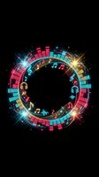 Colorful neon music equalizer circle with musical notes and headphones on black background for audio entertainment design.