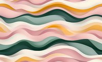 Seamless wavy pattern in retro earth tones. Abstract organic curves in pink, emerald green, and mustard yellow create flowing horizontal stripes. Repeating design for fabric and wallpaper.