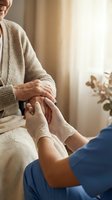 Compassionate healthcare worker holding hands with elderly patient in warm home setting providing comfort and emotional support during care visit.