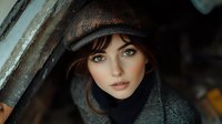 Young Caucasian woman in vintage flat cap and turtleneck sweater gazing thoughtfully. Moody atmospheric portrait with soft natural lighting and shallow depth of field.