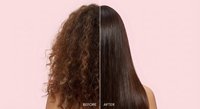 Young woman showing hair transformation from frizzy curly to sleek straight brunette hair on pink background for beauty salon treatments.