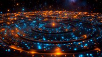 Glowing spiral galaxy formation with orange and blue light trails against dark space background, creating mesmerizing cosmic dance pattern for astronomy themes.