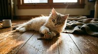 Fluffy ginger tabby kitten lounging on wooden floor in sunlight, relaxed and playful pose for pet, animal, and lifestyle content.