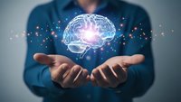 Professional holding glowing digital brain hologram with neural network connections and light particles for AI technology concepts.