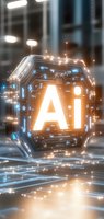 Glowing AI symbol with circuit board pattern and light effects on futuristic background, representing artificial intelligence and digital technology advancement.