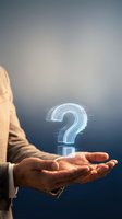 Businessman in tan jacket holding glowing digital question mark symbol against blue background, representing inquiry, problem-solving, and business solutions for corporate presentations.