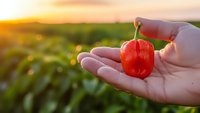 Fresh red bell pepper held in farmer's hands at sunset over agricultural field. Organic vegetable harvest concept for healthy eating and farm produce.