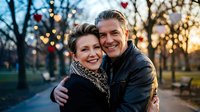 Happy mature couple embracing outdoors during golden hour with festive lights creating romantic atmosphere for holiday season celebrations.