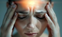 Young woman with closed eyes touching temples, experiencing migraine pain with glowing light effect highlighting discomfort. Medical concept for headaches.