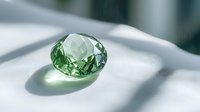 Green faceted crystal gemstone on white surface with soft shadows and natural window light creating elegant minimalist composition for luxury jewelry design.