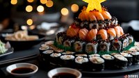 Festive sushi platter arranged in tiers with glowing star topper, decorated with salmon nigiri and maki rolls, served on dark plate with bokeh lights background.