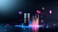 Glowing financial chart with stacked coins and heart symbols floating in dark space, neon pink and blue lights creating futuristic investment visualization.