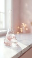Glass flask with pink heart shape liquid on white surface with soft bokeh lights background for romantic chemistry and love science concepts.