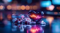 Heart-shaped glass with glowing red heartbeat line, medical pills and prescription bottle on reflective surface with blurred bokeh lights background.