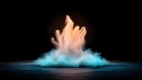 Ethereal orange flame-like formation rising from turquoise mist over dark reflective water surface creates mystical atmospheric scene for fantasy or spiritual designs.
