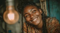 Young African American woman with braided hair smiling warmly in cozy indoor setting with vintage light bulb creating atmospheric bokeh background.