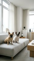 Two French Bulldogs sitting on a light gray sofa in a bright, minimalist living room with large windows, sheer curtains, wooden furniture and neutral decor for home interior design.