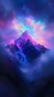 Majestic mountain peak illuminated by vibrant purple and pink aurora lights against dark blue misty sky, creating dramatic atmospheric landscape scenery.
