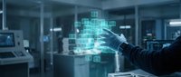 Hand touching digital holographic data cube interface in modern tech laboratory environment with computers and screens.