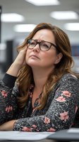 Stressed businesswoman in glasses and floral blouse looking tired and overwhelmed at office desk, expressing workplace burnout and mental fatigue.