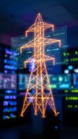 Smart grid power transmission tower with digital interface displaying energy efficiency data and futuristic holographic controls for sustainable electricity management.