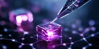 Futuristic laboratory scene with robotic arm dispensing glowing purple liquid into transparent cube on digital grid surface for scientific research concepts.