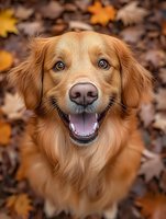 Happy golden retriever dog with bright blue eyes smiling at camera surrounded by fallen autumn maple leaves in warm brown and orange tones.