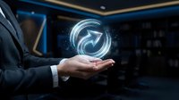 Businessman in dark suit holding glowing neon arrow symbol in palm, representing growth, success, and forward momentum in corporate environment for business concepts.