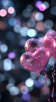 Pink heart-shaped balloons floating against dark bokeh background with glowing lights and ribbons. Romantic celebration atmosphere for Valentine's Day or wedding design.