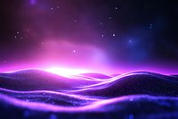 Abstract digital landscape with glowing purple and blue waves against dark background, particles floating in space creating mystical atmosphere.