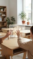Child and adult interacting with transparent holographic display showing digital icons and interface elements on wooden table in bright modern home office with plants and shelving.