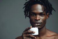 Young African American man with dreadlocks holding white cosmetic jar against dark background, natural skin texture and authentic expression for beauty product advertising.