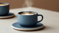 Matte blue ceramic coffee cup with latte art on cream-colored saucer against neutral background, showcasing minimalist design and barista craftsmanship.