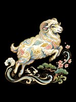 Ornate ram with curved horns leaping over decorative scrollwork and flowering plants, isolated on transparent background. Ready for t-shirt design, clipart, stickers, sublimation, and print-on-demand products.
